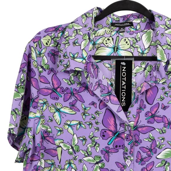 Notations Button Up Shirt XL Womens NEW Butterfly Purple Green Short Sleeve - Picture 2 of 6